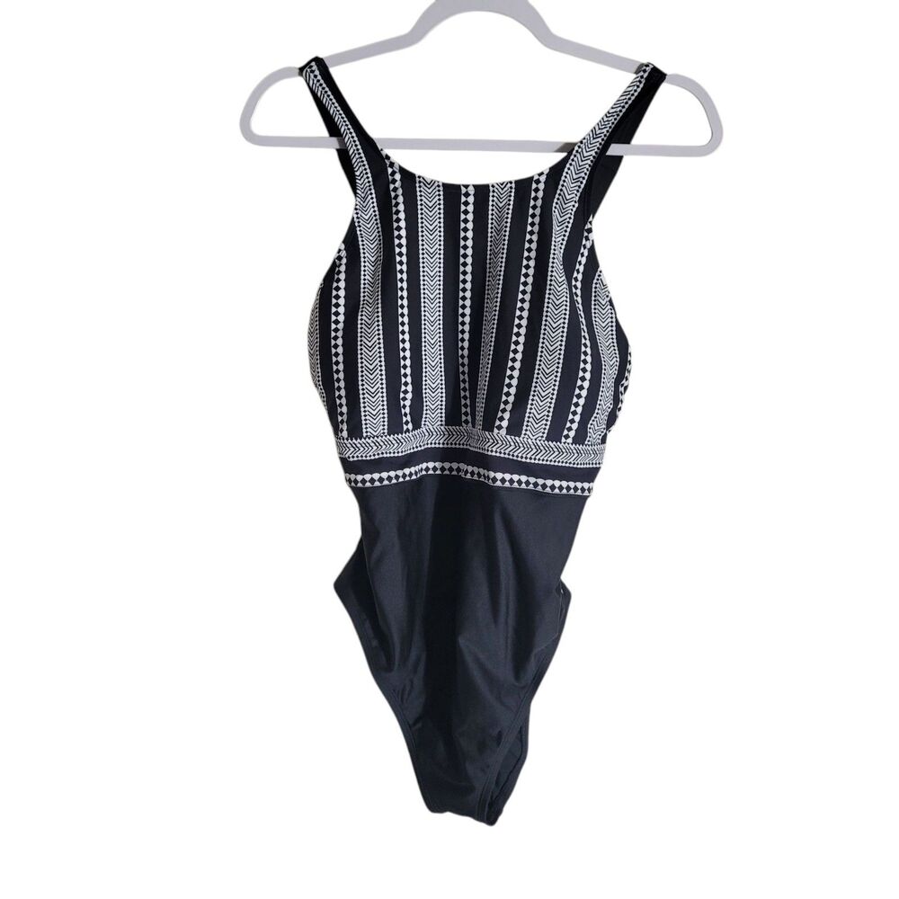 Next NEW X Back One-Piece Salutation Stripe Swimsuit Womens XL Black White Beach
